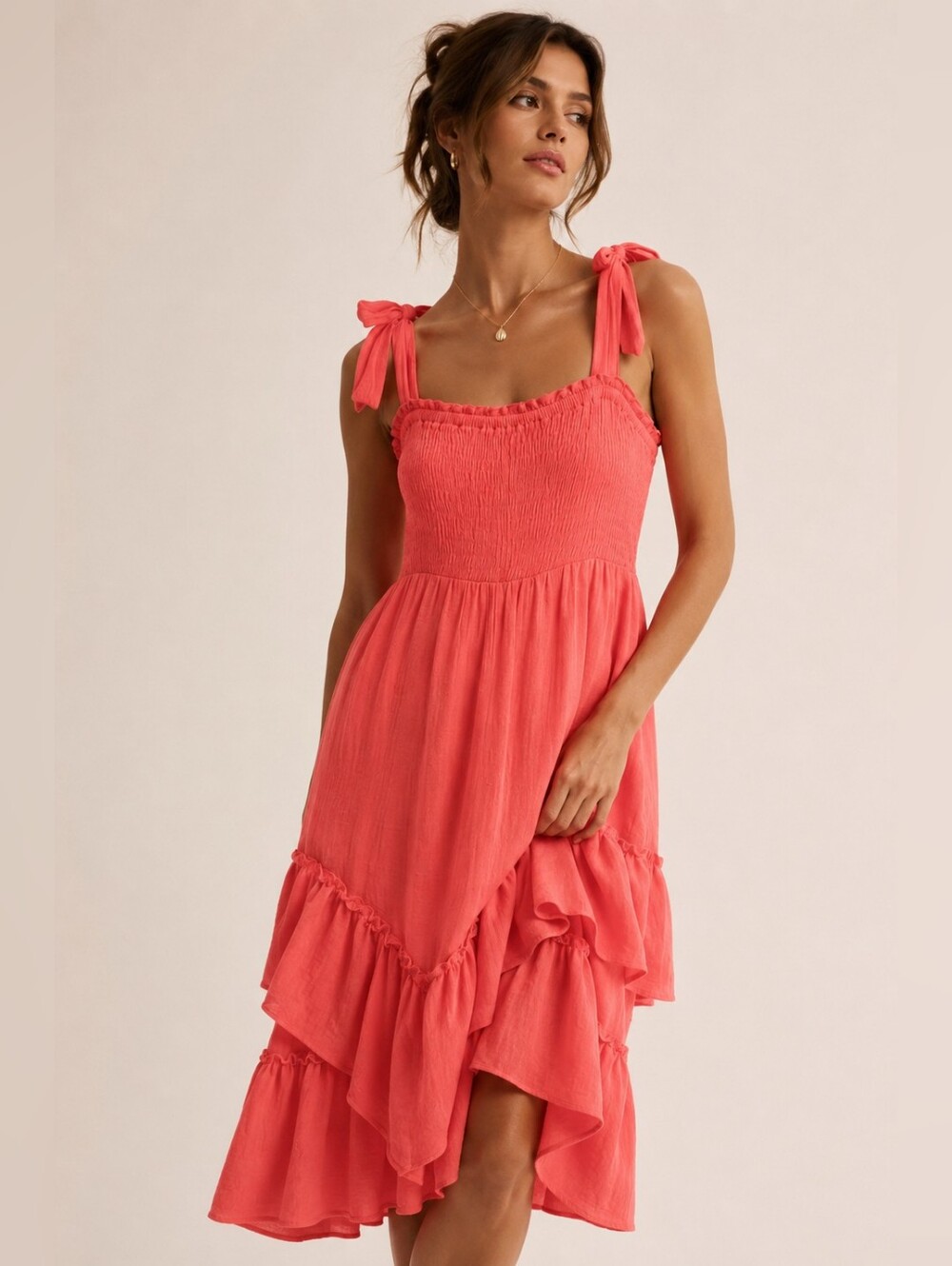 Davi & Dani Coral Gauzy Ruffle Tie Shoulder Dress, L, Coastal, Romantic, Euro
